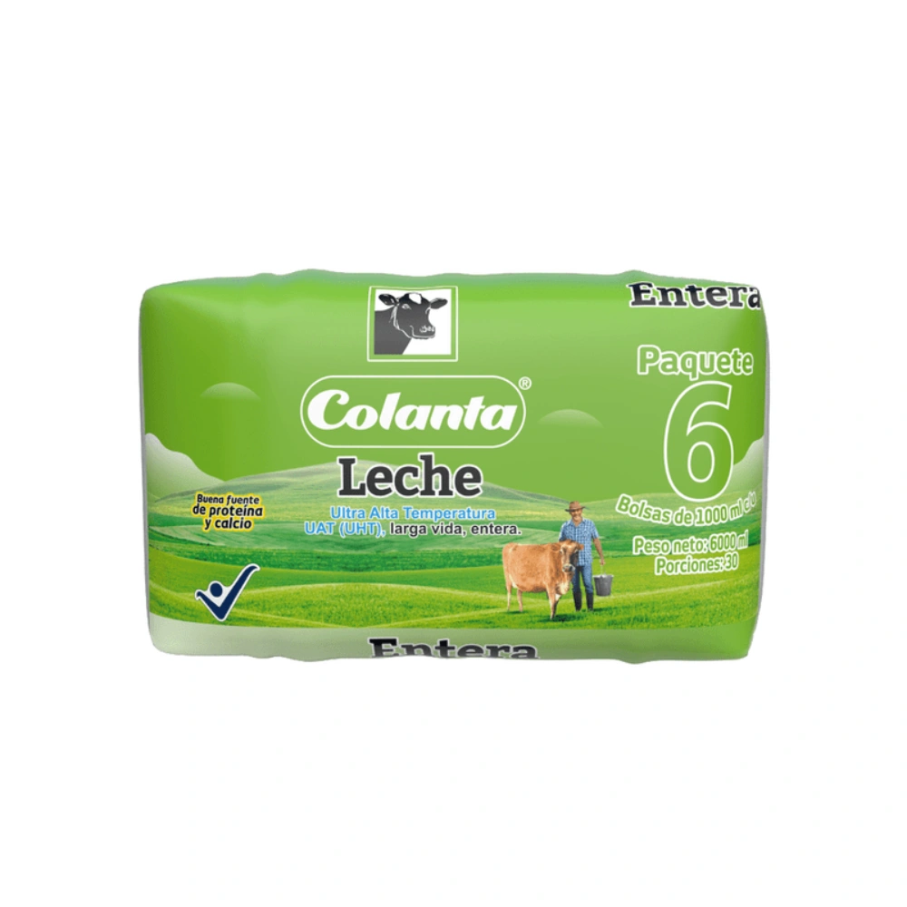 Paquete de leche UHT entera Colanta en bolsa de 1000 ml X 6 U